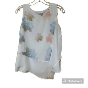 Calvin Klein | Watercolor Floral Overlay Sharkbite Hem Blouse | Size Small